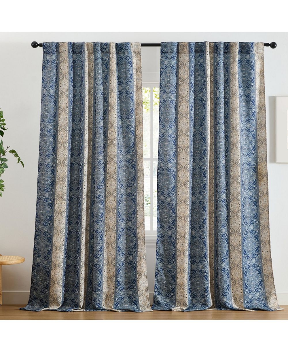 HLC.ME William Boho Damask Striped Patterned Window Back Tab Rod Pocket Curtains Bedroom - Light Blocking Darkening Window Panels, Set of 2