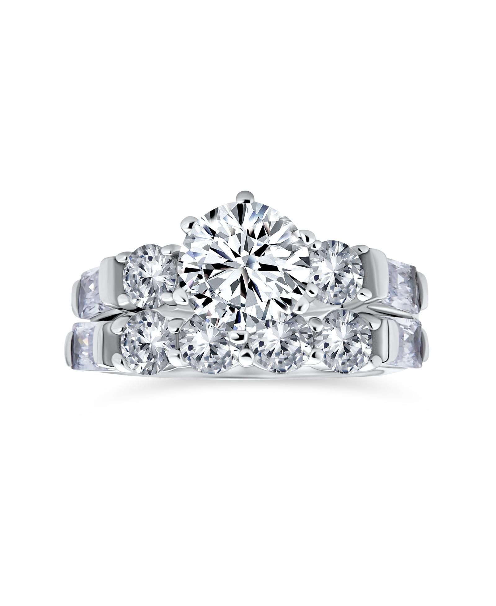 Bling Jewelry Sterling Silver 2CT Round CZ Solitaire Engagement Ring Set with Baguette Side Stones 6-Prong Design