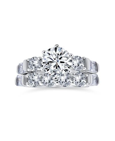 Bling Jewelry Sterling Silver 2CT Round CZ Solitaire Engagement Ring Set with Baguette Side Stones 6-Prong Design