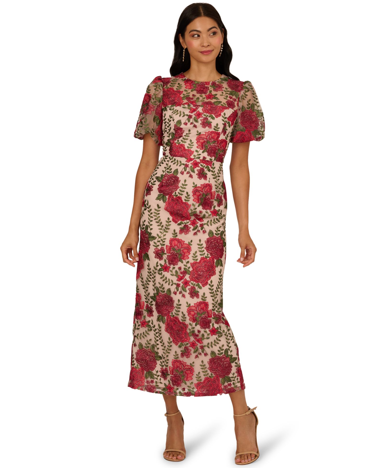 Платье Adrianna Papell Women's Embroidered Puff Sleeve