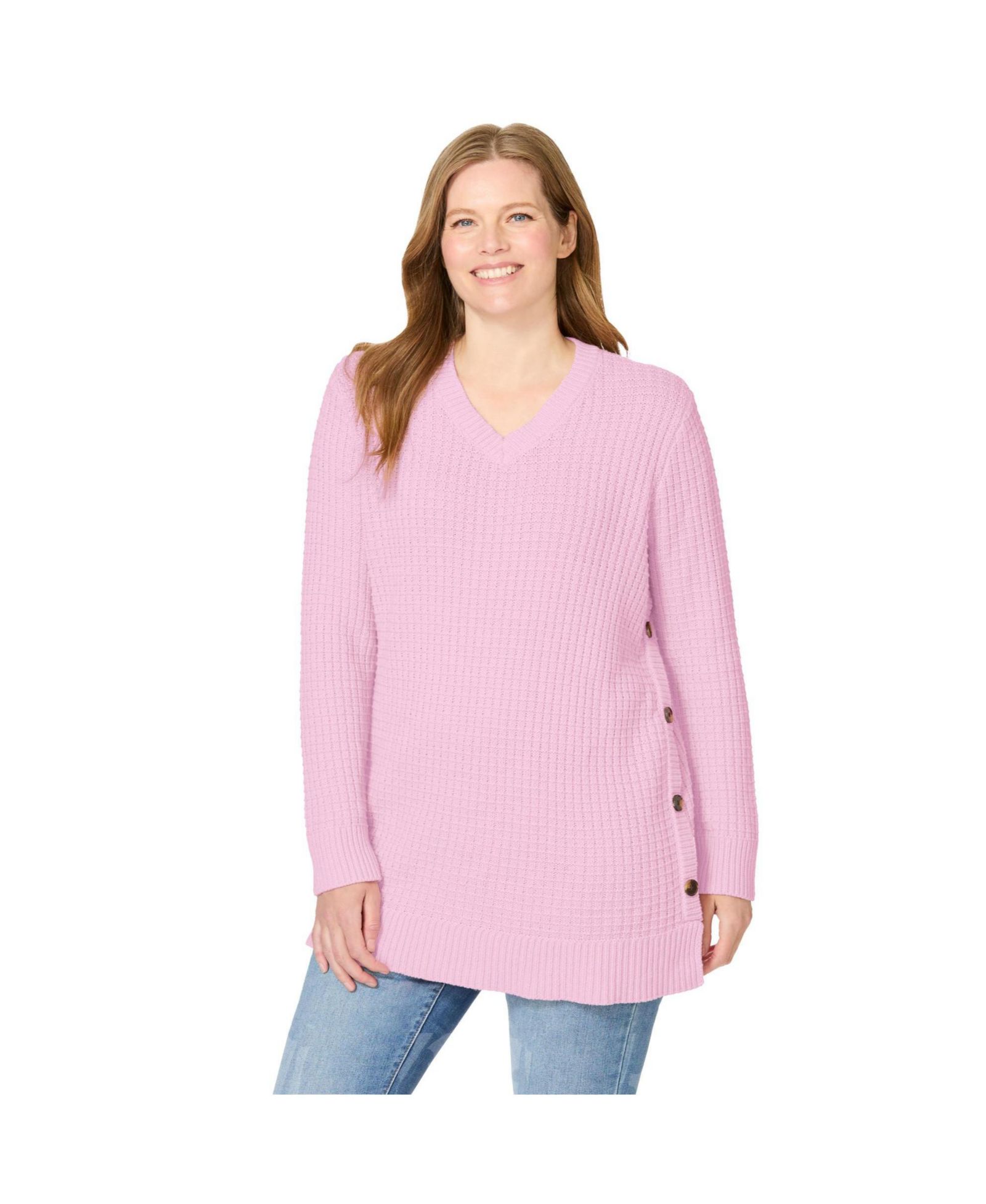 Woman Within Women's Within Side Button V-Neck Waffle Knit Sweater
