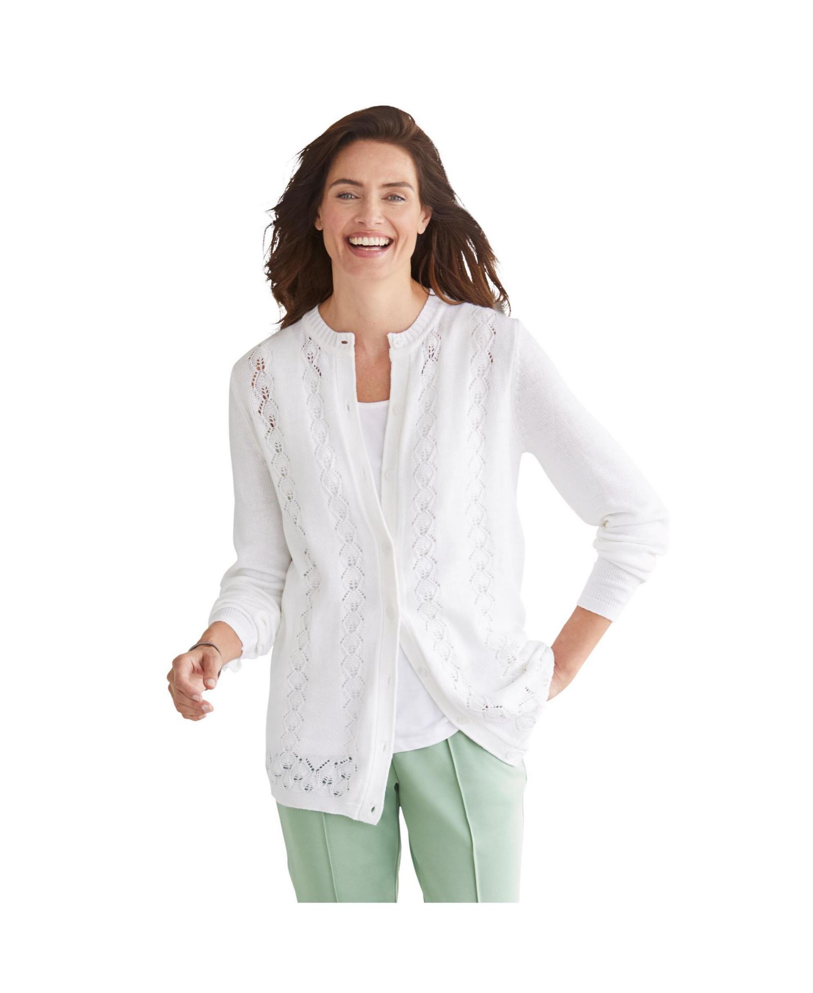 Woman Within Plus Size Within Long-Sleeve Pointelle Cardigan Sweater
