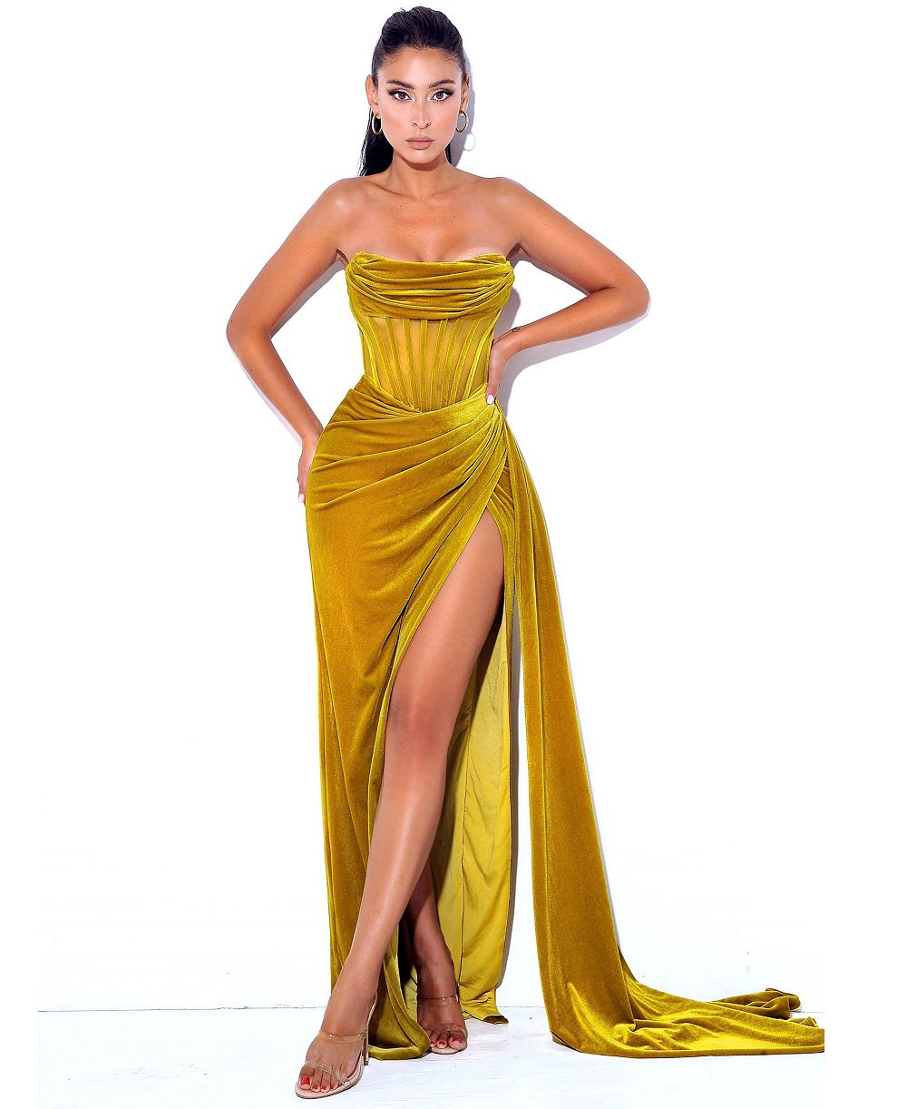 Miss Circle Женское бархатное платье-корсет Priya Gold с высоким разрезом