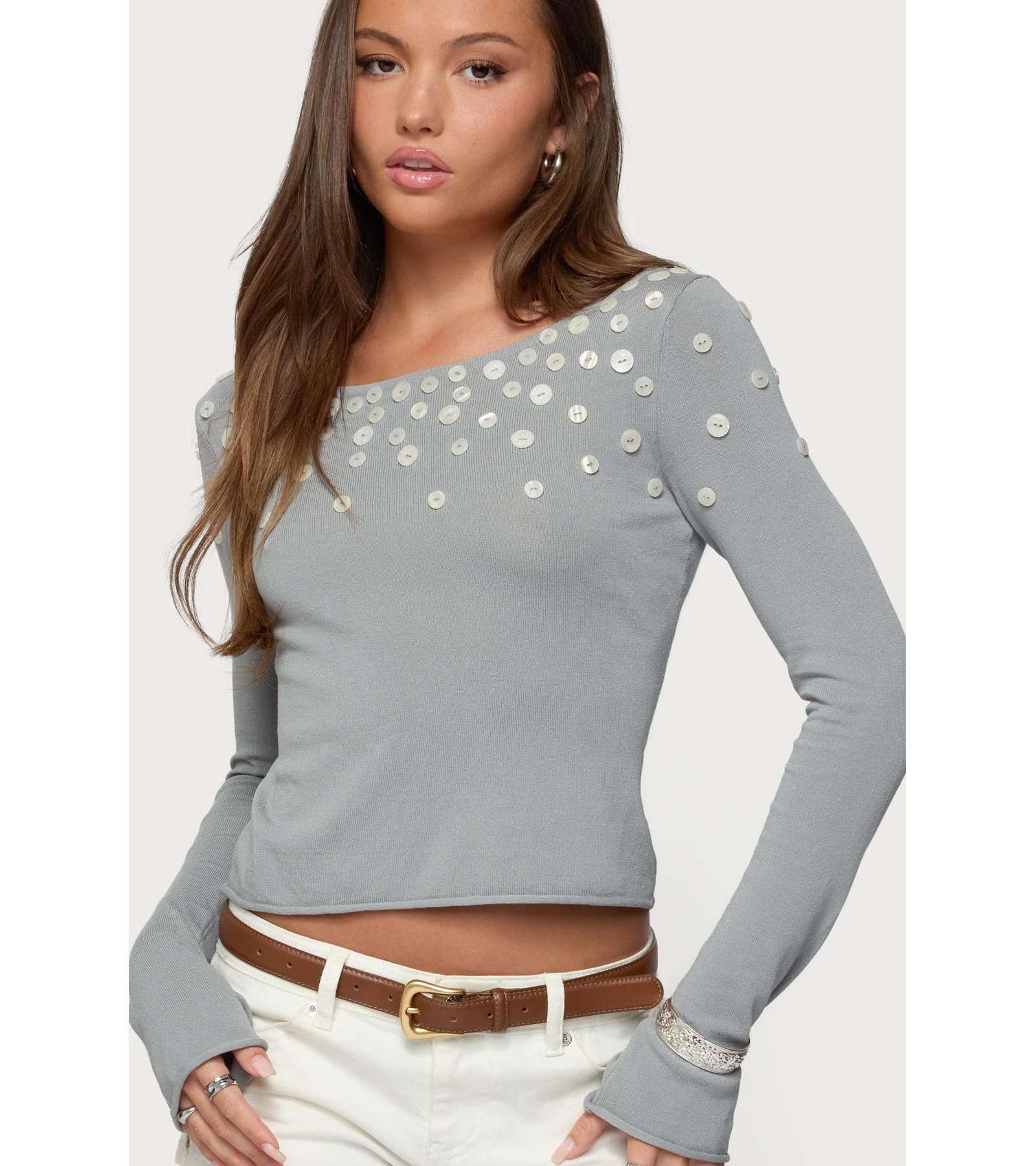 Edikted Womens Iridescent Button Boat Neck Top