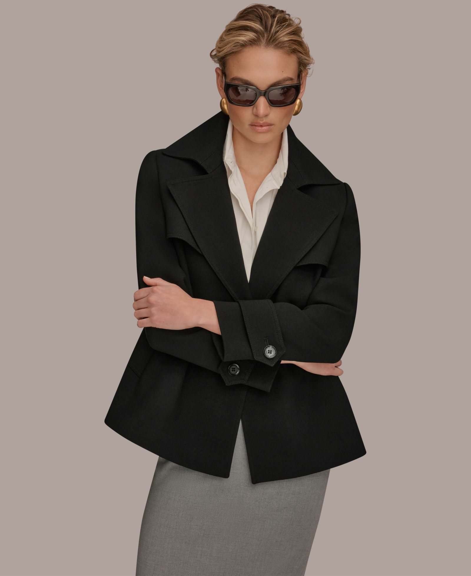 Donna Karan New York Women's Short Crepe Notch Collar Trench Coat