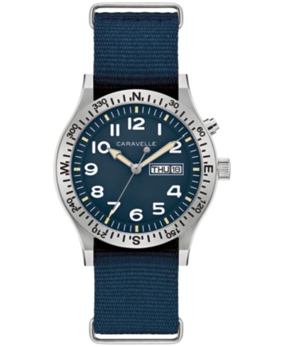 Caravelle Men's Vintage Casual Lite Up Blue Nylon Strap Watch, 39mm
