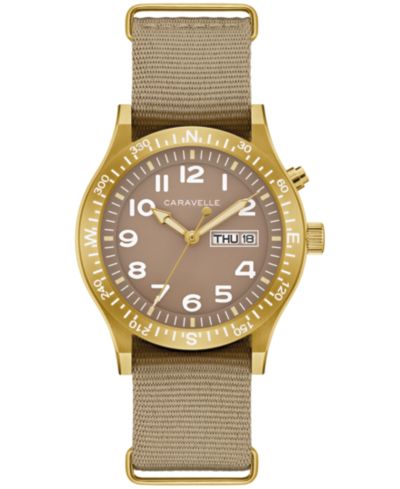 Caravelle Men's Vintage Casual Lite Up Taupe Nylon Strap Watch, 39mm