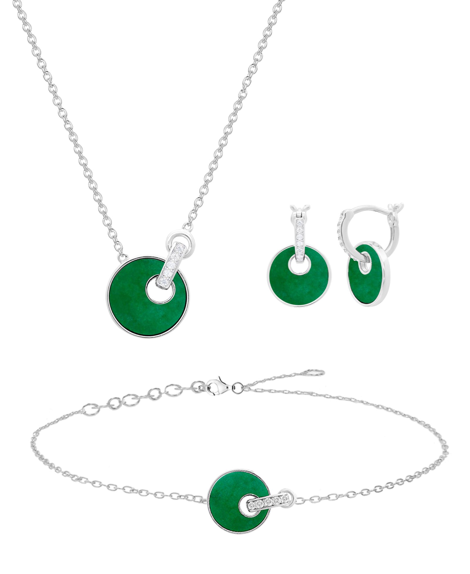 Macy's 3-Pc. Jade Inlay (3 ct. t.w.) And Lab Grown White Sapphire (1/5 ct. t.w.) Necklace, Earrings, And Bracelet Set (Also Available in Onyx Inlay)