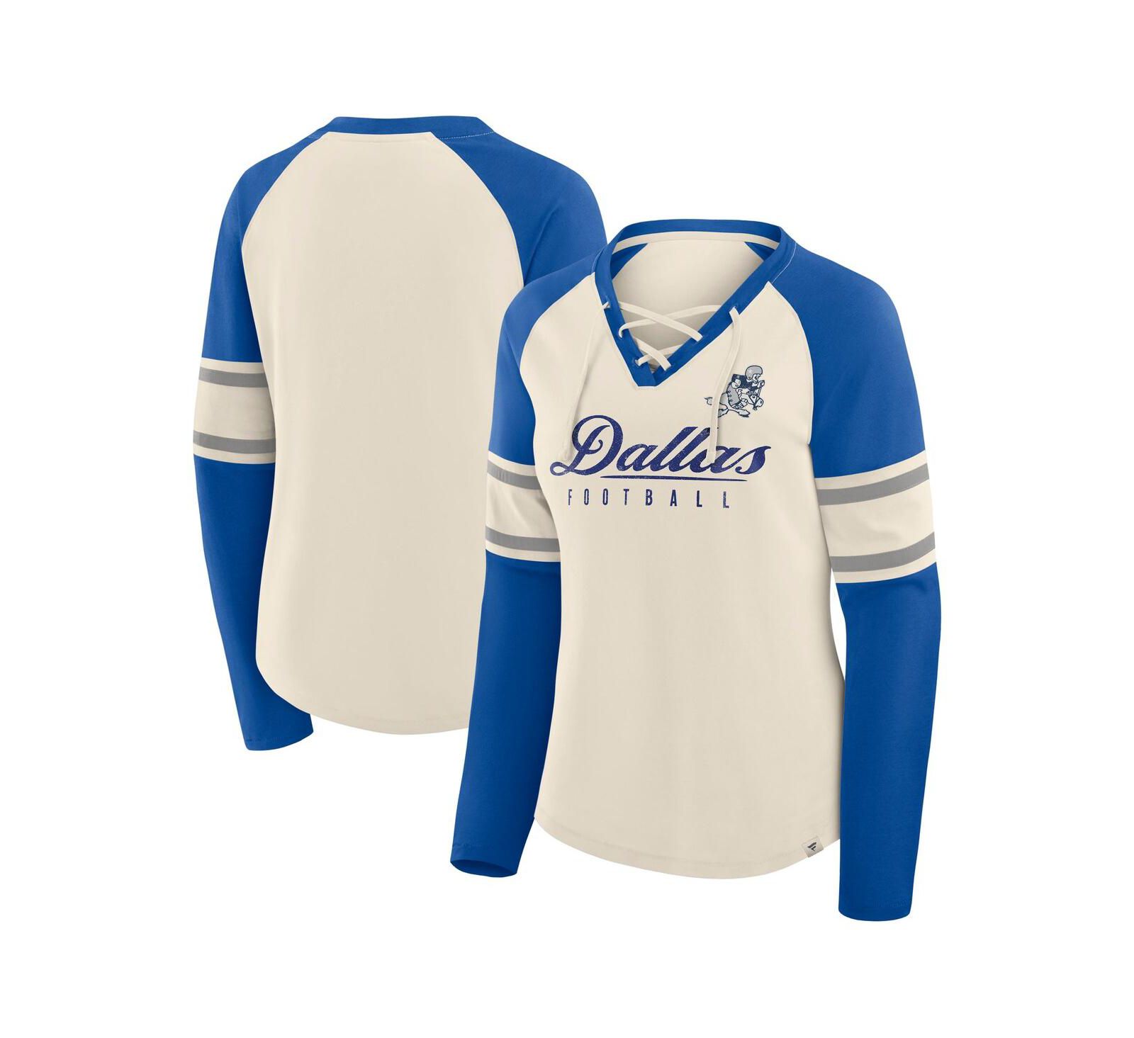 Fanatics Женская футболка с длинным рукавом Raglan Lace-Up V-Neck, кремовый/синий, Dallas Cowboys Hometown Gridiron Hero