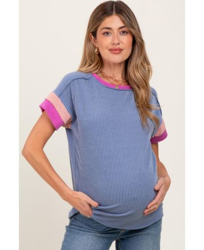 Pinkblush Women's Green Ribbed Colorblock Detail Short Sleeve Top