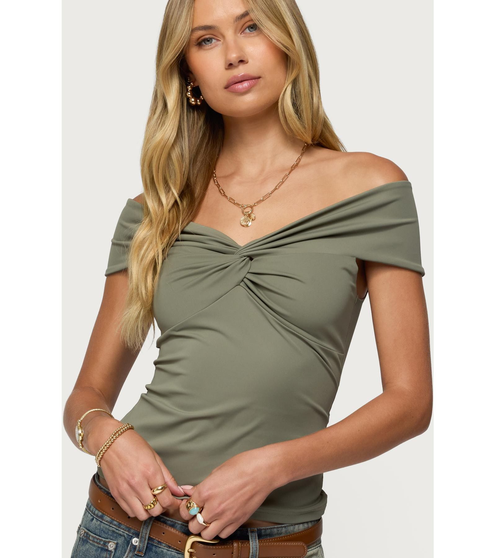 Edikted Womens Twisted Front Off Shoulder Top