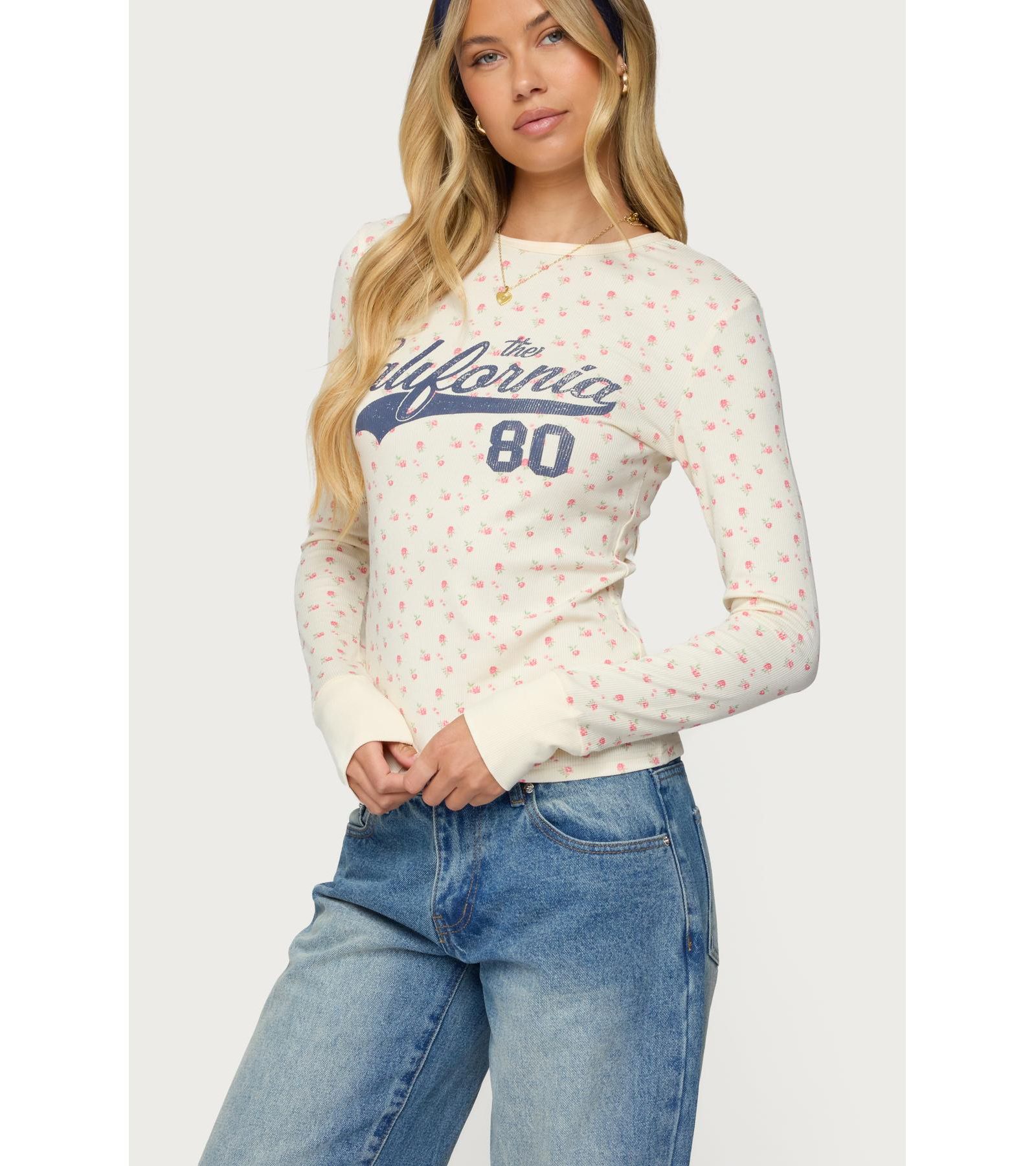 Edikted Womens Cali Floral Ribbed Long Sleeve T Shirt