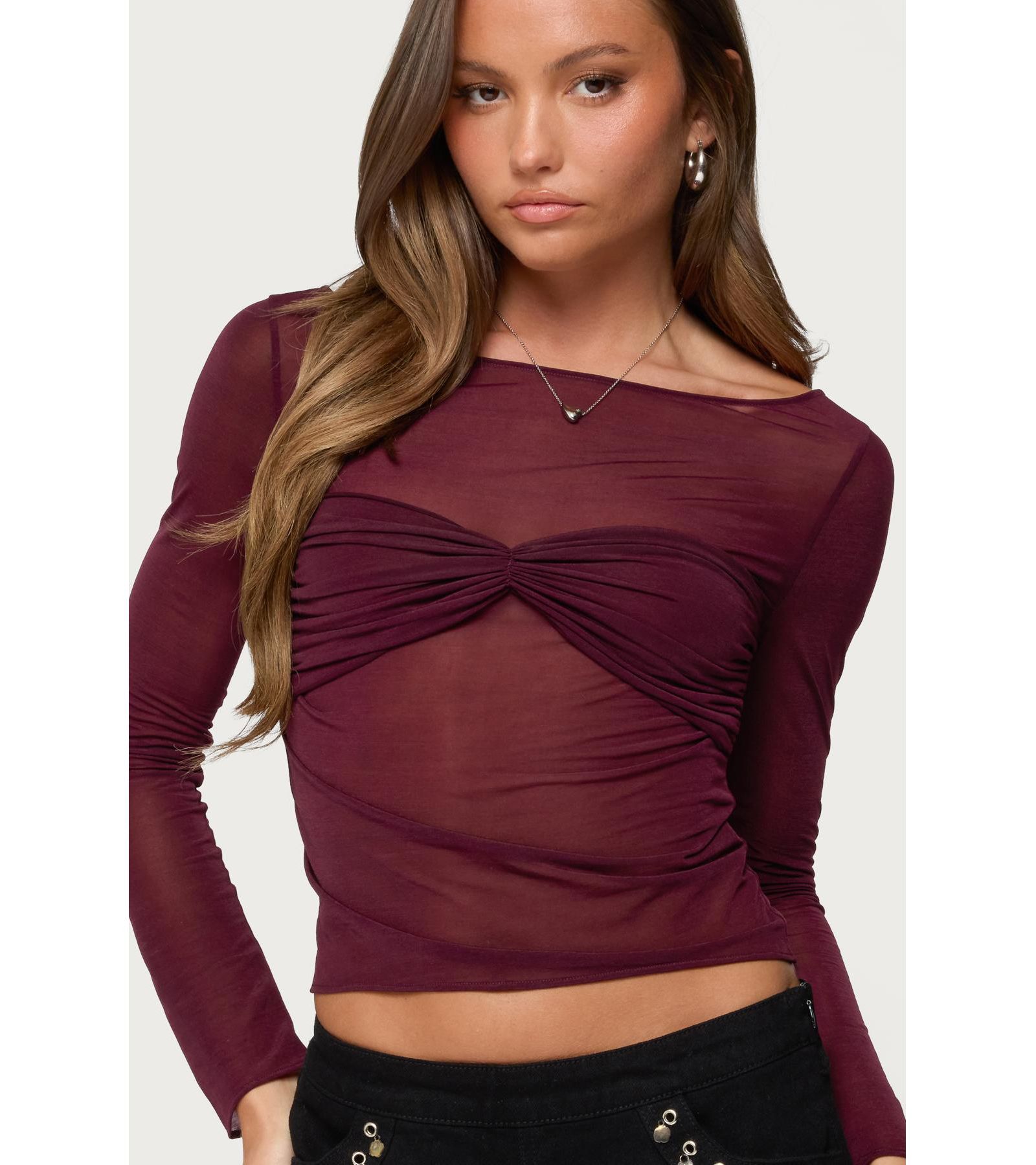 Edikted Womens Oona Sheer Gathered Long Sleeve Top