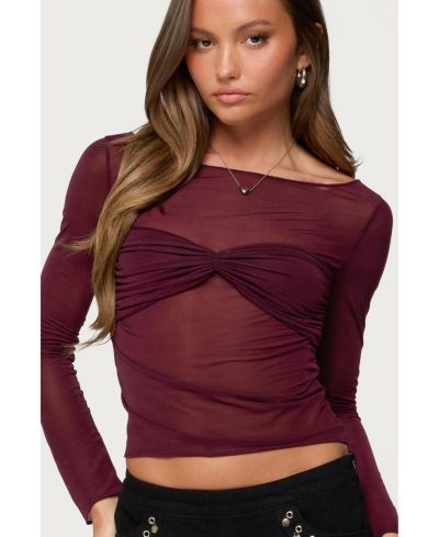 Edikted Womens Oona Sheer Gathered Long Sleeve Top