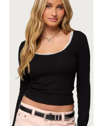 Edikted Womens Contrast Lacey Long Sleeve Top