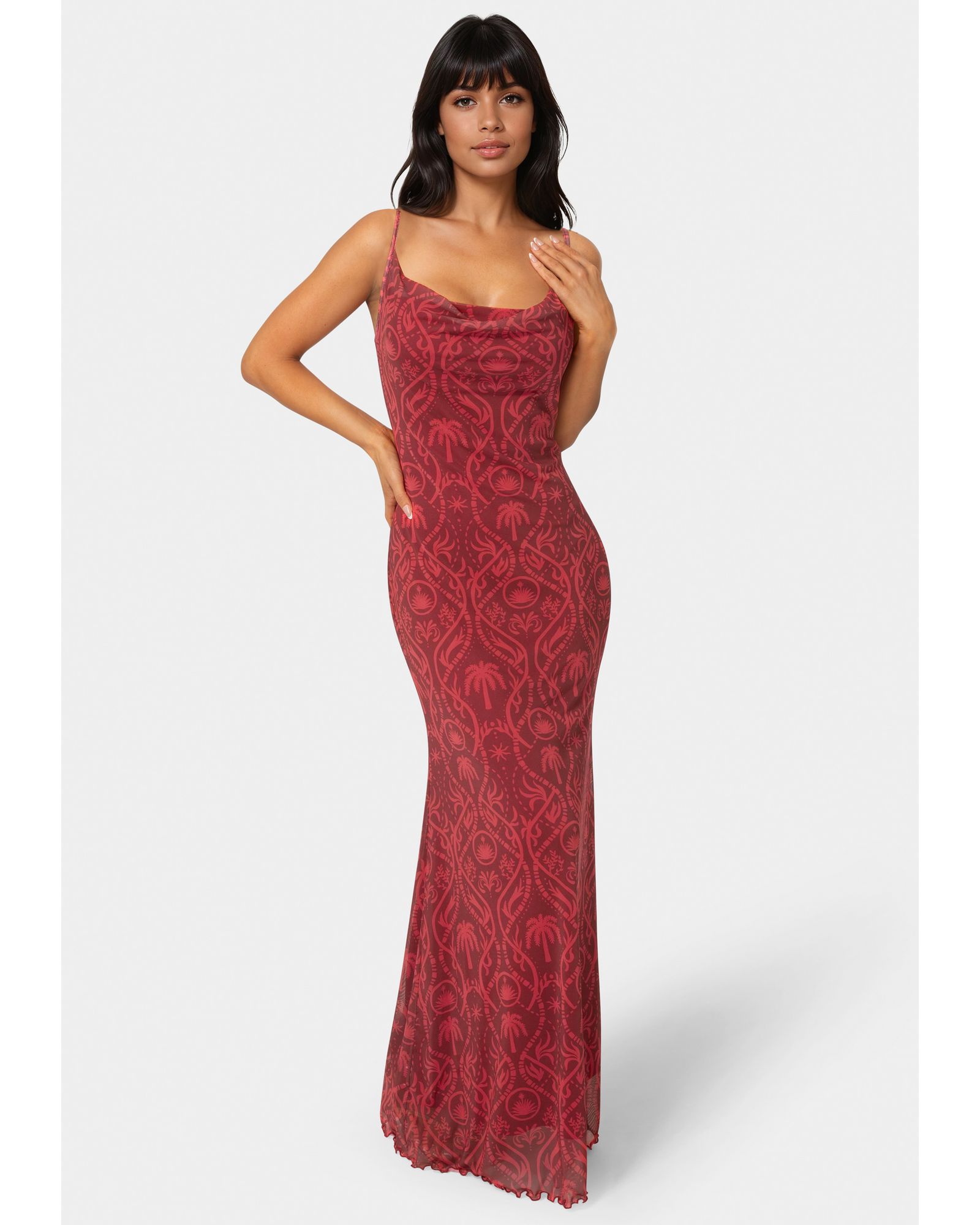 Женское вечернее платье Bebe Printed Mesh Cowl Gown