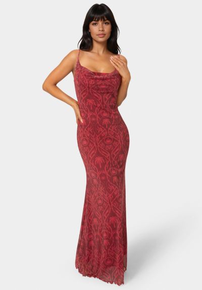 Женское вечернее платье Bebe Printed Mesh Cowl Gown