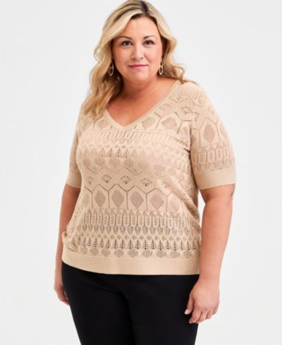 JM Collection Plus Size Metallic Pointelle Knit Elbow-Sleeve Sweater, Macy's Exclusive