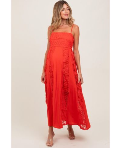Pinkblush Women's Coral Red Crochet Lace Paneled Maxi Dress