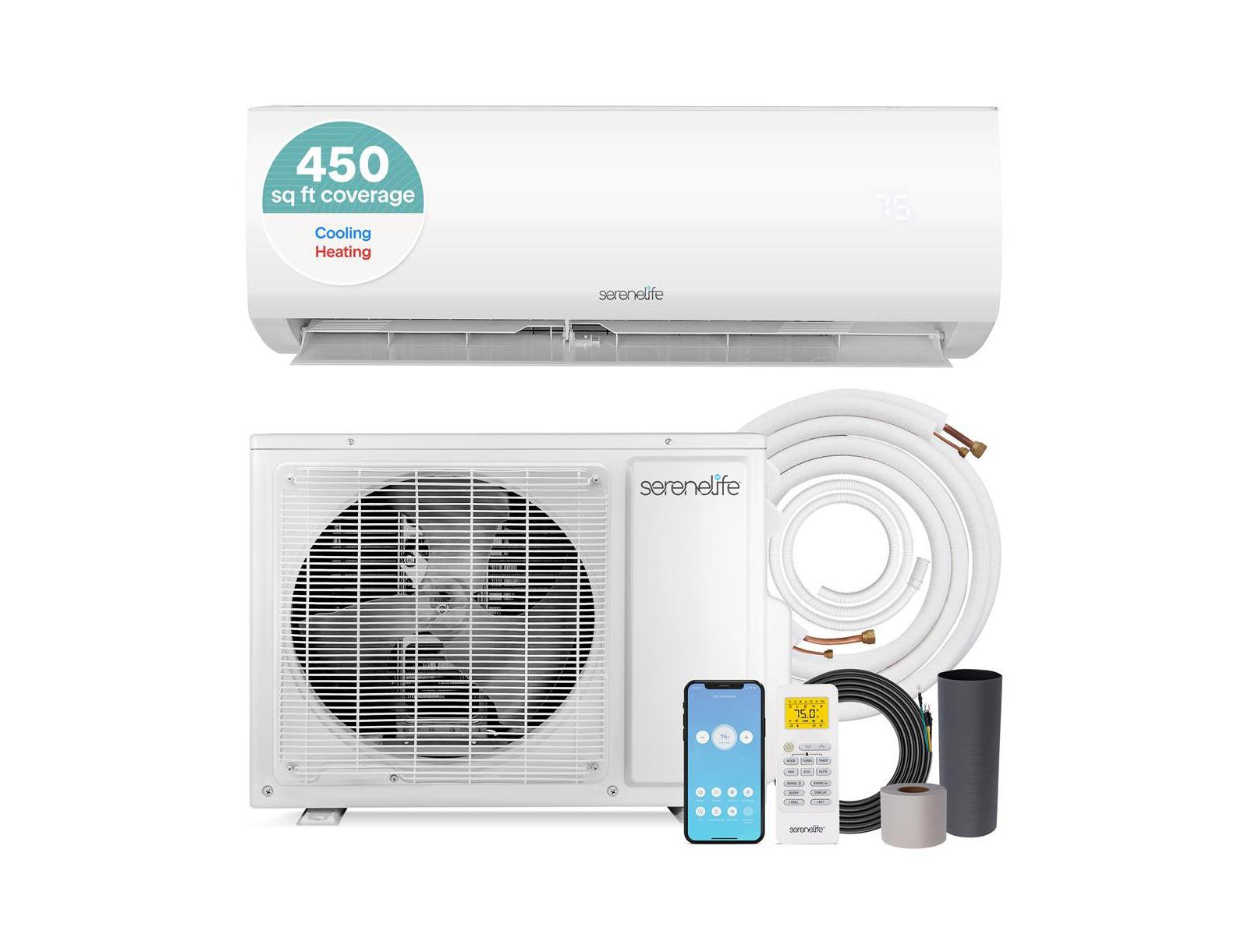 SereneLife 9000 BTU Indoor and Outdoor Mini Split AC Unit Kit - 230V Smart Cooling & Heating Mini Split AC with WiFi