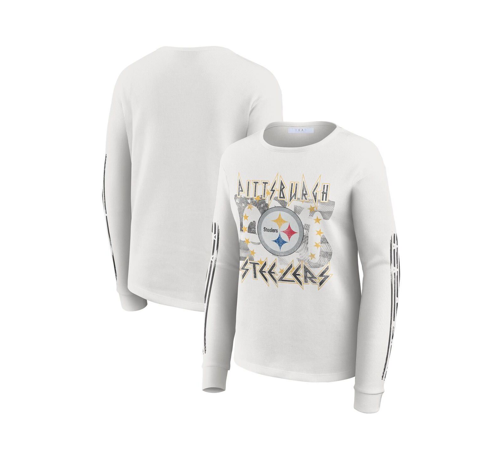 Футболка WEAR by Erin Andrews Women's White Pittsburgh Steelers Graphic Waffle Long-Sleeve