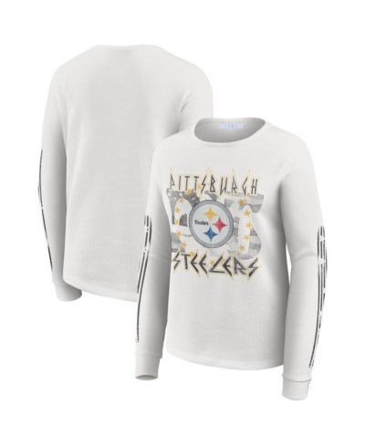WEAR by Erin Andrews Women's White Pittsburgh Steelers Graphic Waffle Long-Sleeve T-Shirt