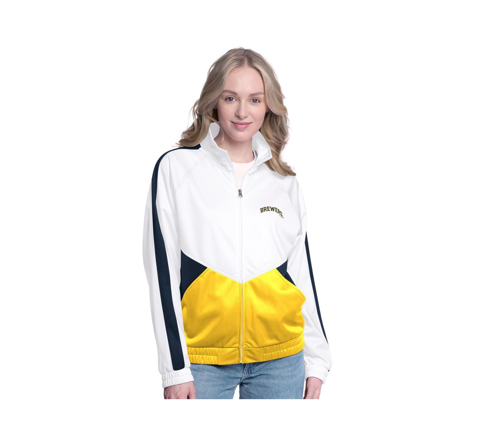 G-III Sports by Carl Banks Women's White/Navy Milwaukee Brewers Rally Rhinestone Raglan Full-Zip Track Jacket