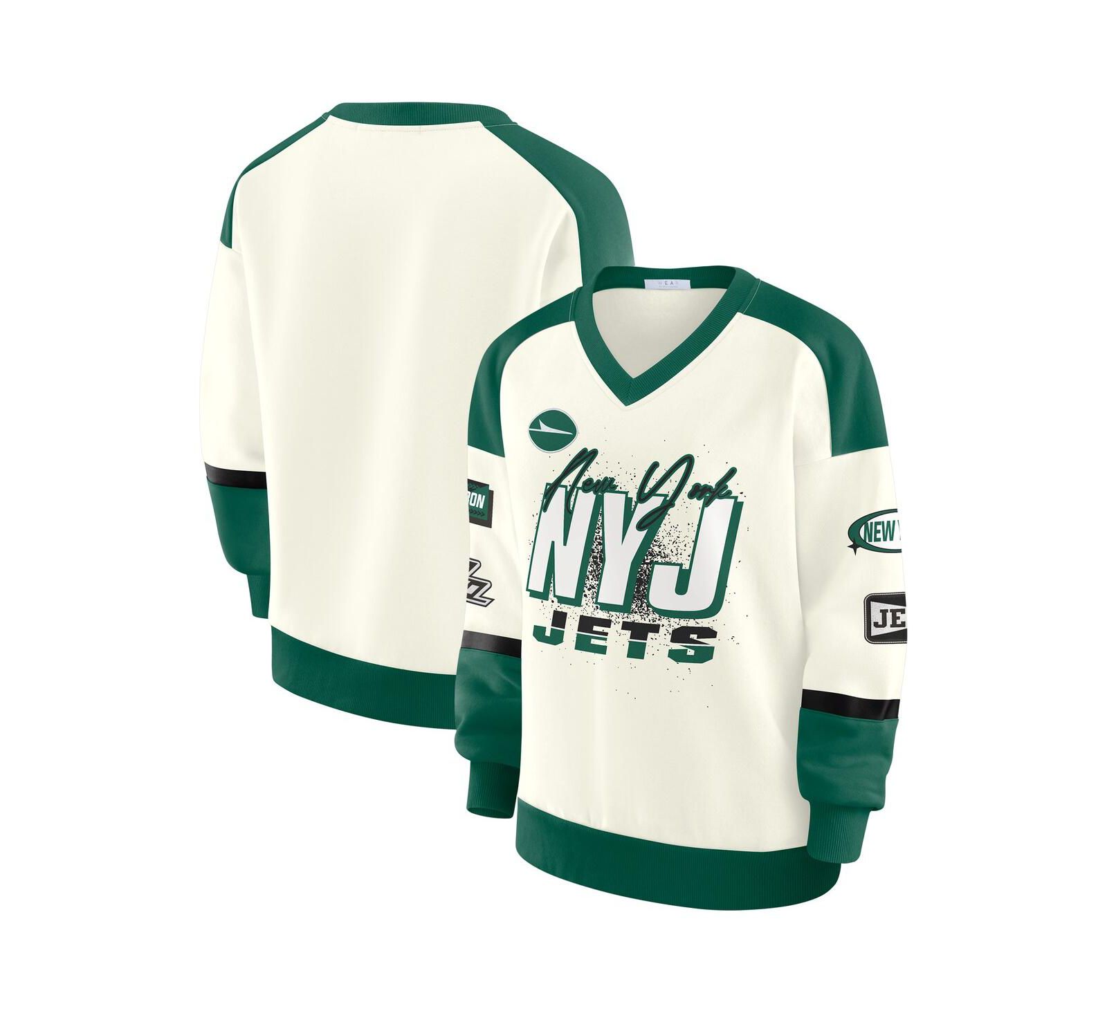 Женский свитшот WEAR by Erin Andrews Cream New York Jets Racing Crew V-Neck