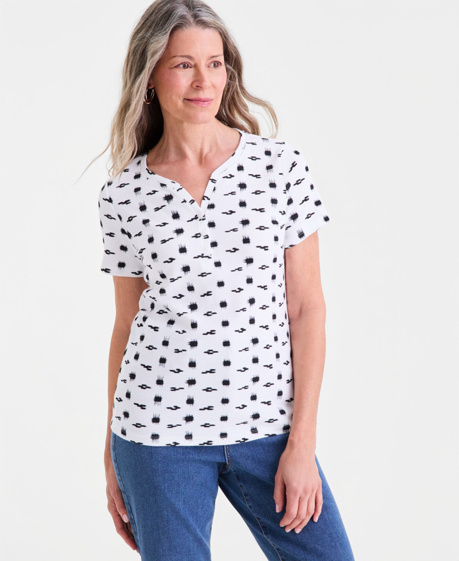 Style & Co Women's Printed Short-Sleeve Henley Top, Exclusively at Macy's