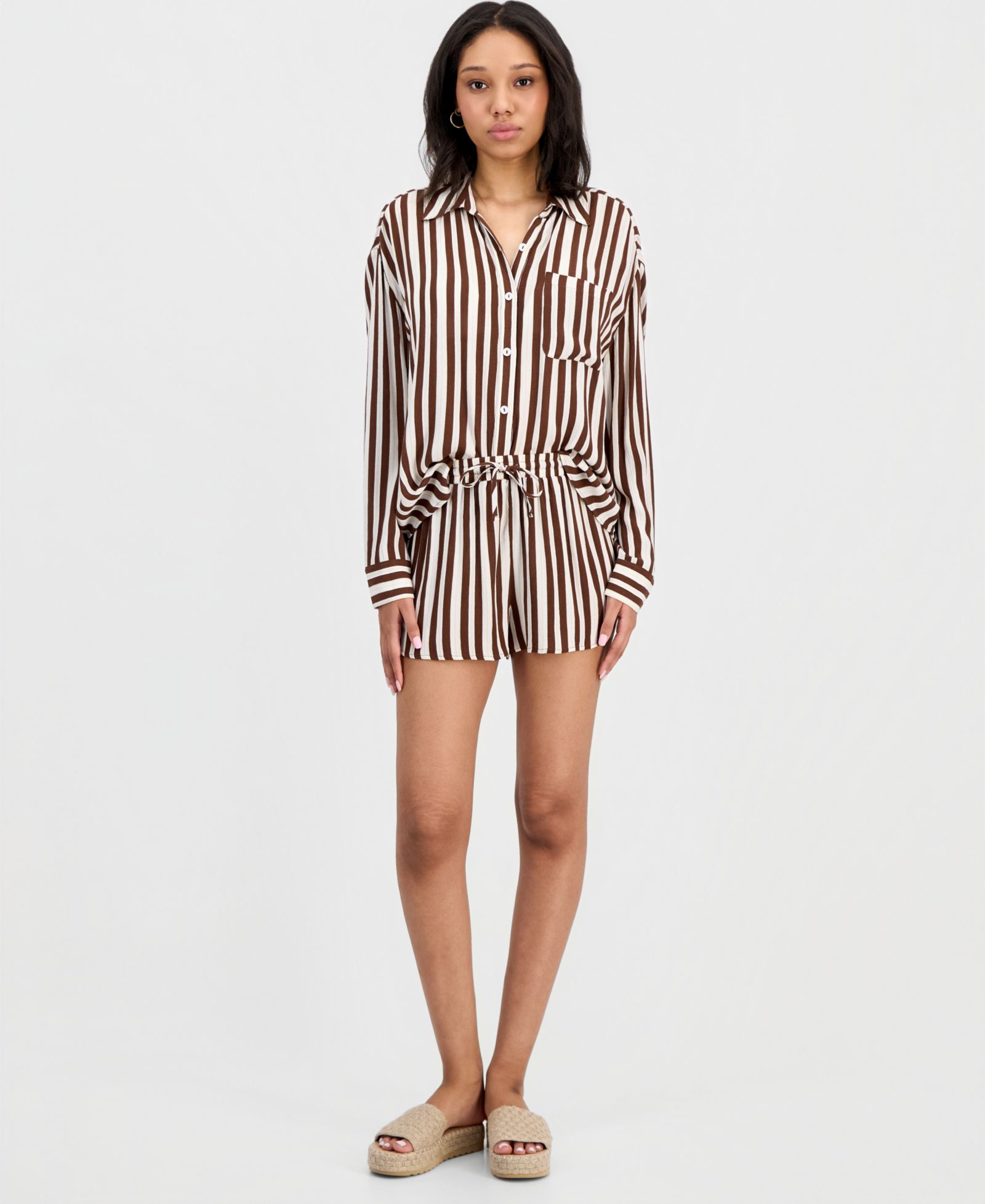 Miken Juniors' Button-Down Striped Crinkle Gauze Cover-Up Shirt, Macy's Exclusive