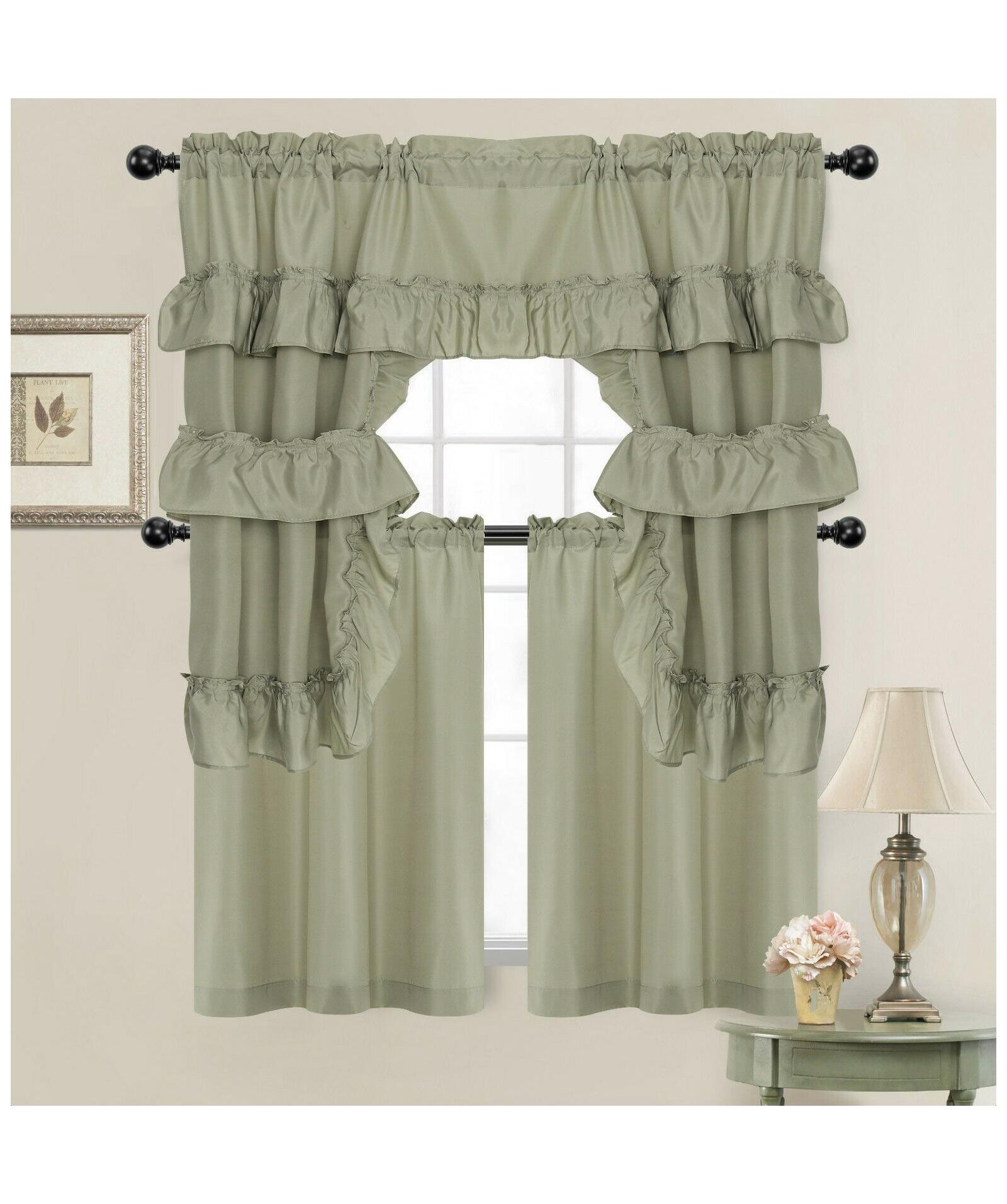 Kate Aurora Country Farmhouse Living Solid Colored Cafe Kitchen Curtain Tier & Swag Valance Set - 56 in. W x 36 in. L, Linen Taupe