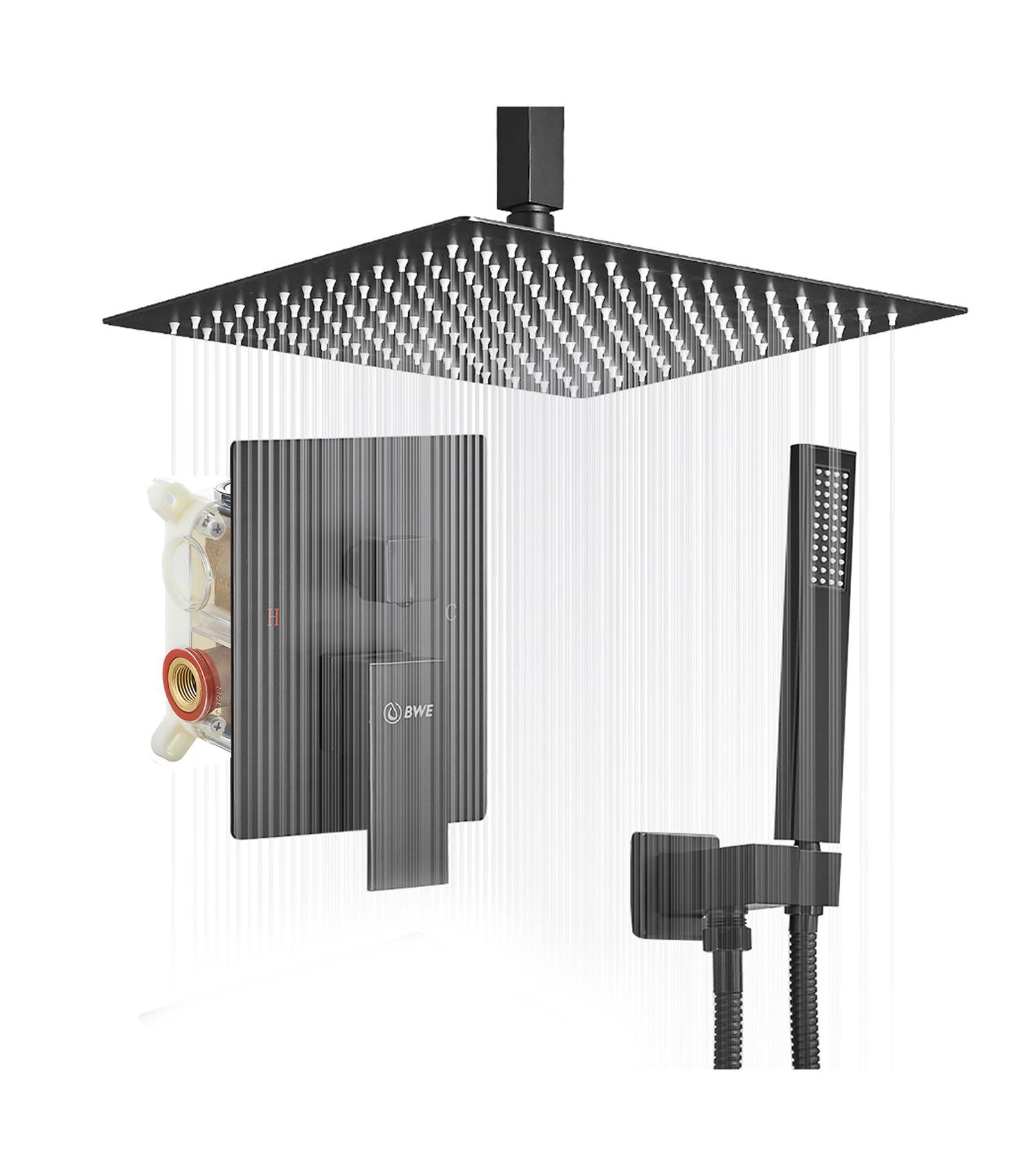 Greenspring Single-Handle 2-Spray Square High Pressure Shower Faucet with 16" Ceiling Shower Head (Valve Included)