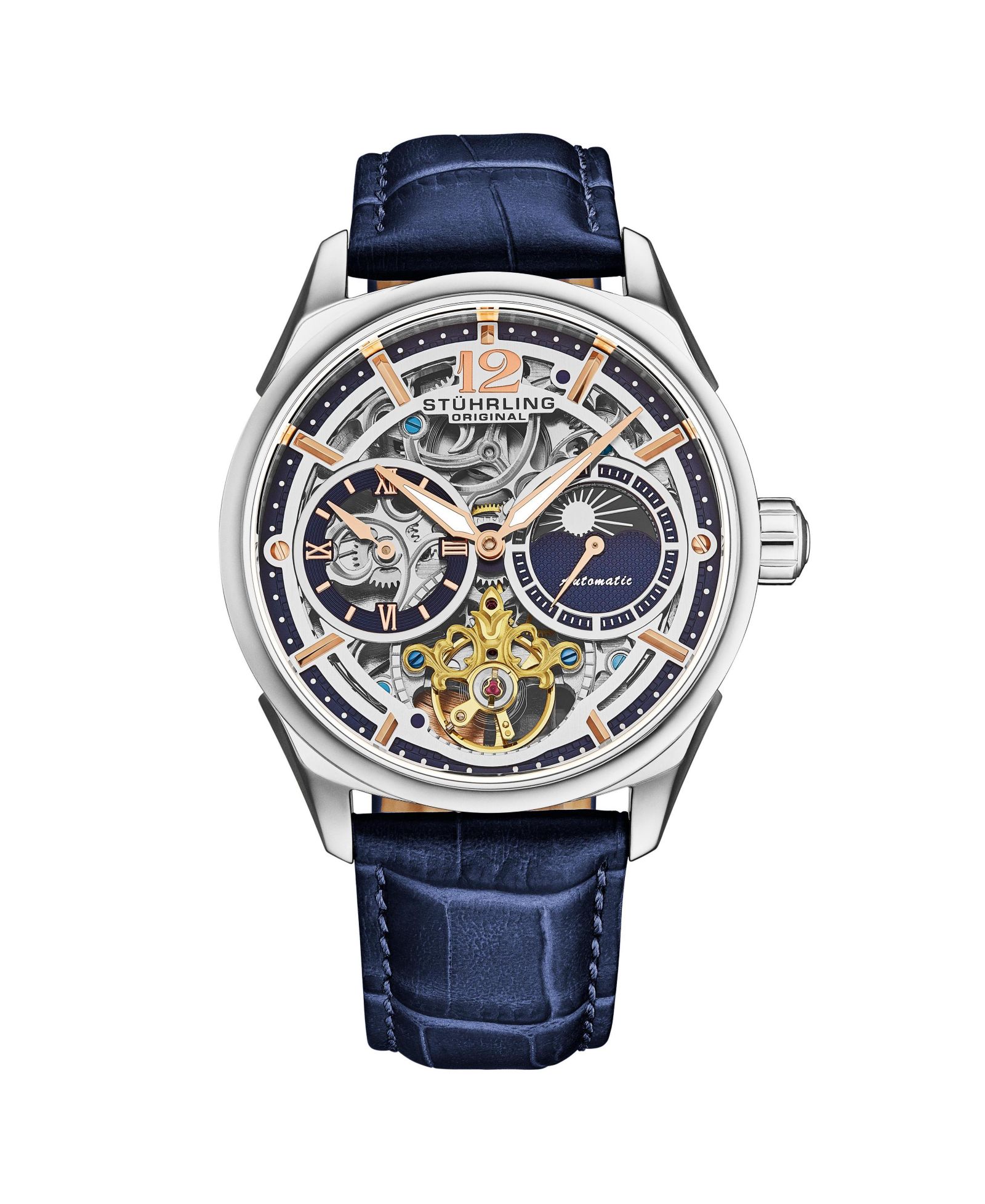 Stuhrling Vanguard 1019.02 Legacy Collection Dual Time Automatic Skeleton Watch 42mm Stainless Steel Blue Dial Leather Strap