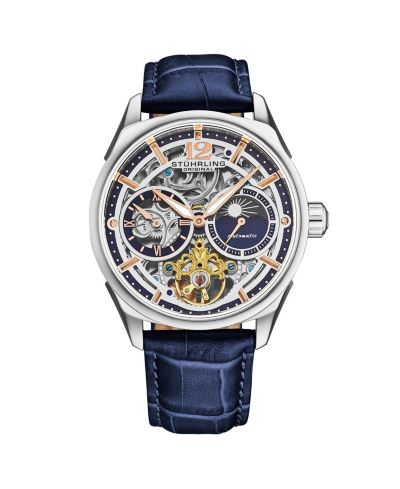 Stuhrling Vanguard 1019.02 Legacy Collection Dual Time Automatic Skeleton Watch 42mm Stainless Steel Blue Dial Leather Strap