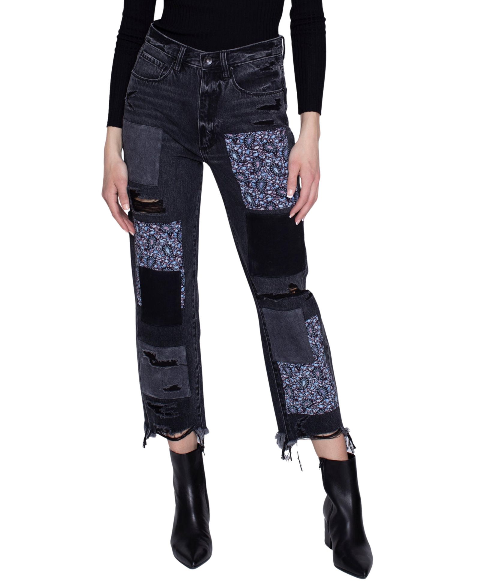 Blue Revival Women's Black Stone Paisley Patchwork High-Rise Straight Leg Jeans, 100% Cotton