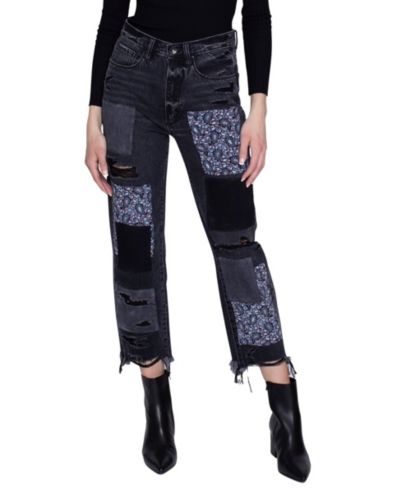 Blue Revival Women's Black Stone Paisley Patchwork High-Rise Straight Leg Jeans, 100% Cotton