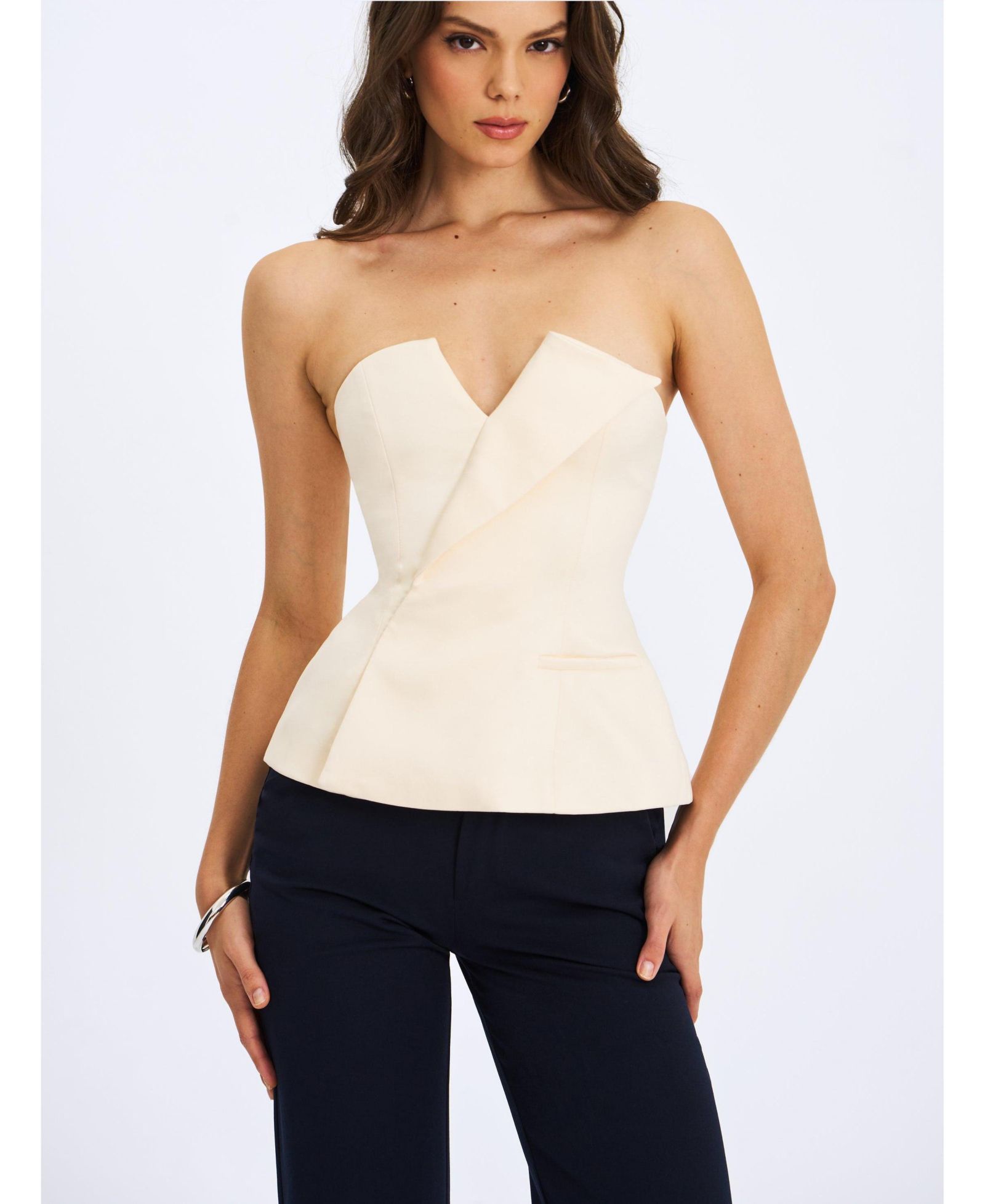 Miss Circle Women Yani Ivory Asymmetrical Lapel Sleeveless Peplum Top