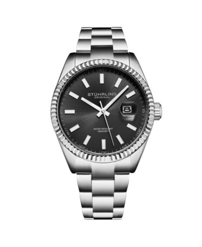 Stuhrling Vanguard 4069 Men s Quartz Watch - 42mm, Black Dial, Stainless Steel Bracelet, Fluted Bezel, Date, 100M Water Resistant