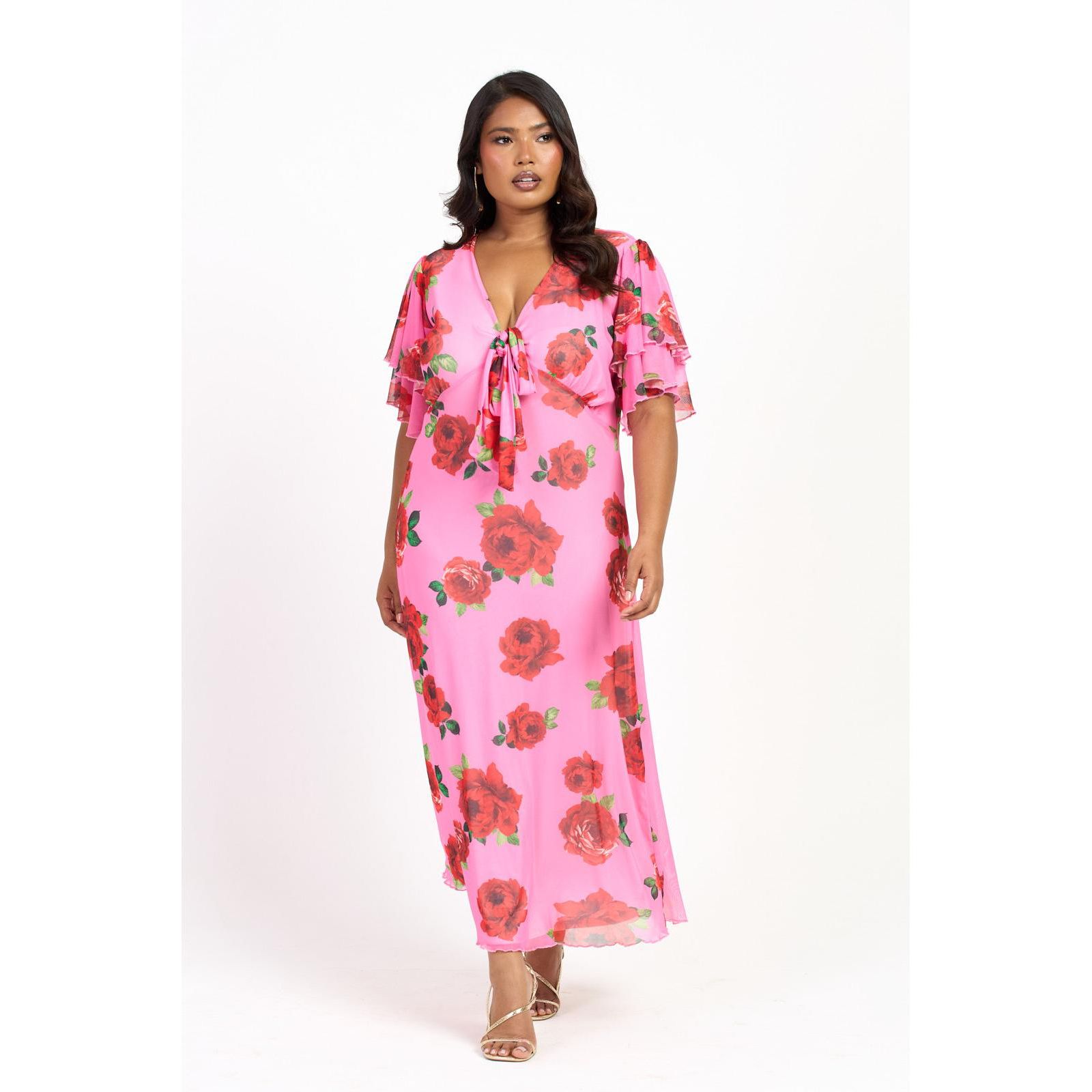 FASHION-SZN CURVE Women's Flutter Sleeve Tie Front Midi Dress