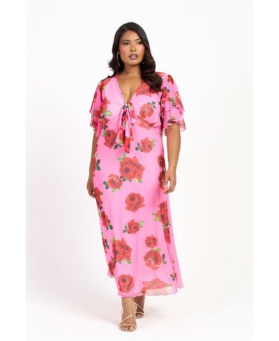 FASHION-SZN CURVE Women's Flutter Sleeve Tie Front Midi Dress