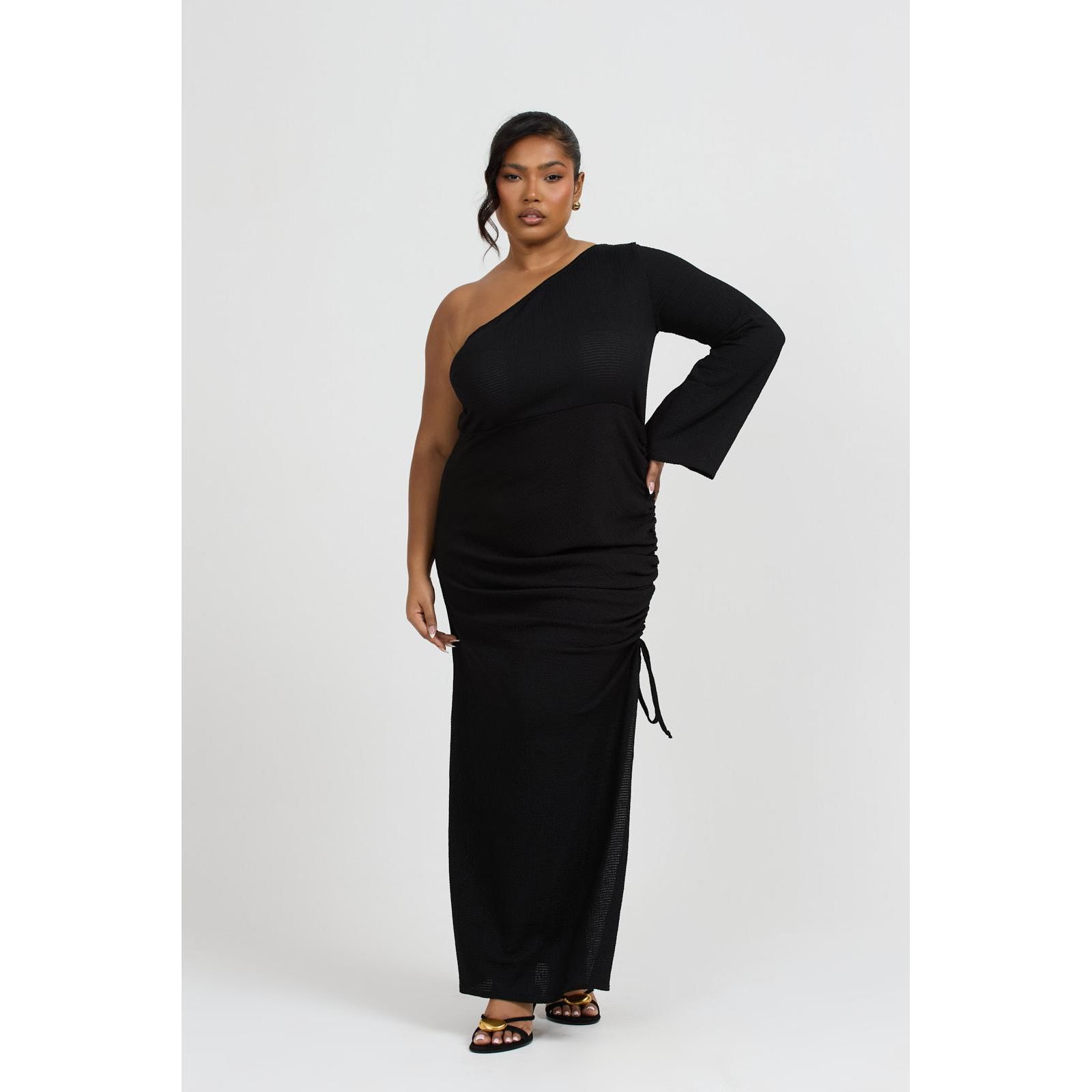 FASHION-SZN CURVE Women's One Shoulder Flare Sleeve Maxi Dress
