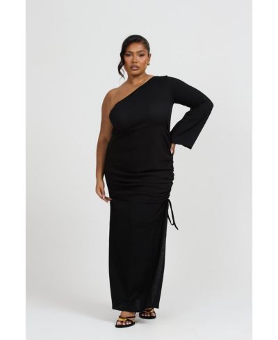 FASHION-SZN CURVE Women's One Shoulder Flare Sleeve Maxi Dress
