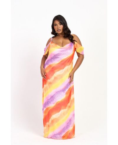 FASHION-SZN CURVE Women's Cold Shoulder Marble Print Maxi Dress