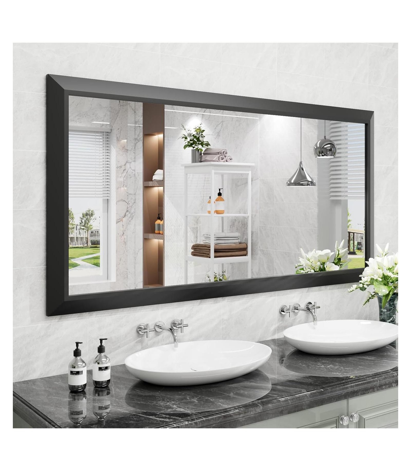 Amorho Framed Bathroom Mirror with Metal Frame, Horizontal/Vertical Wall Mounted Rectangle Mirror – 60" x 30"