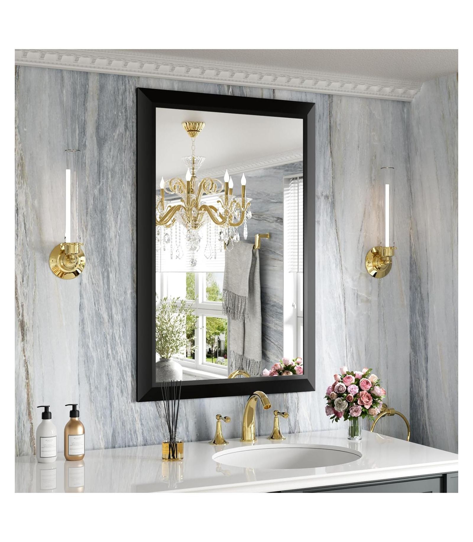 Amorho Bathroom Mirror Thick Metal Framed Wall Mirrors for Bedroom, Rectangle Wall-Mounted Mirrors