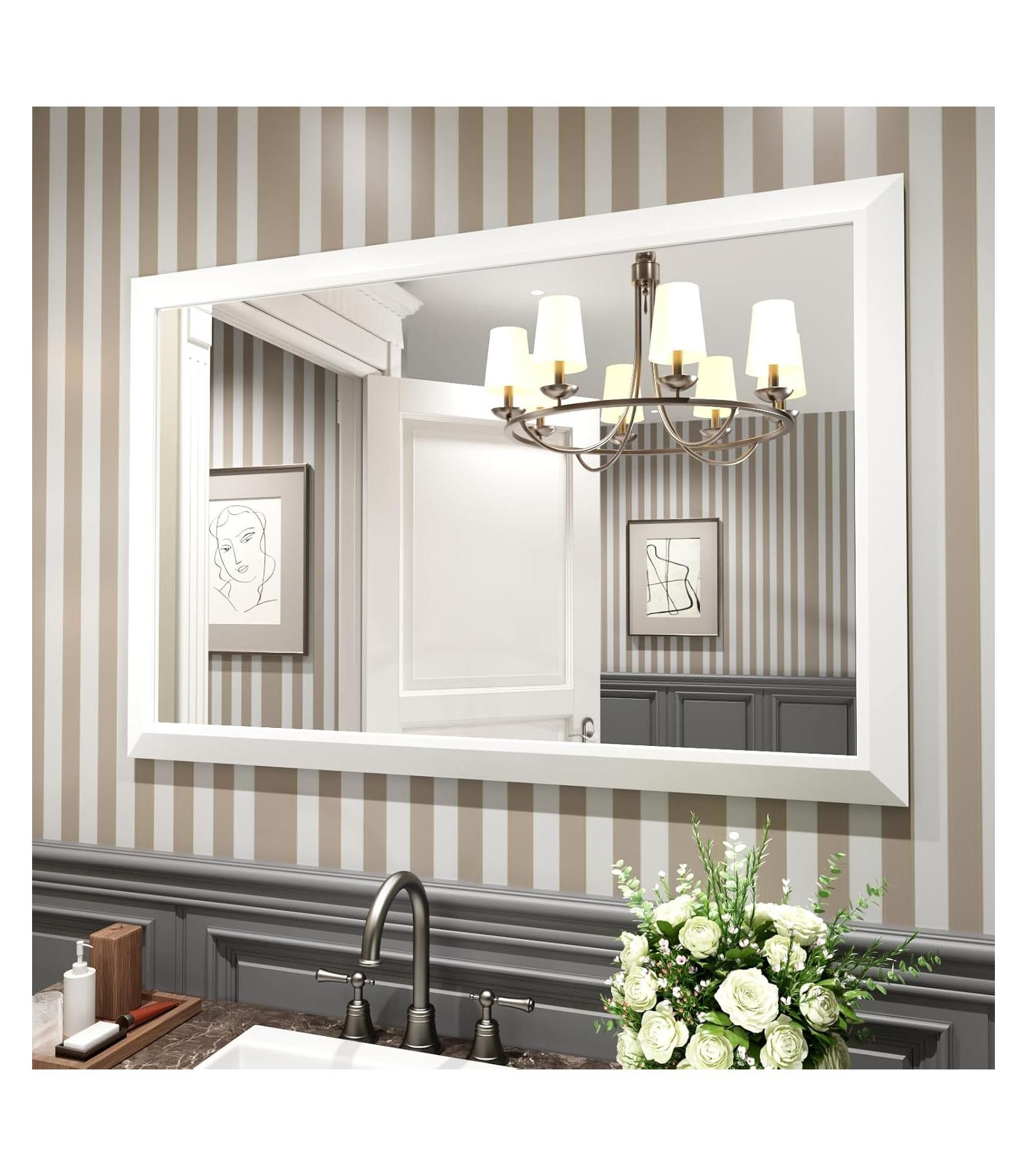 Amorho Bathroom Mirror, 48" x 32" Inch Thick Metal Framed Wall Mirrors for Over Sink, Bedroom, Living Room, Entryway, Rectangle Wall-Mounted Mirrors in White(Horizontal/Vertical)