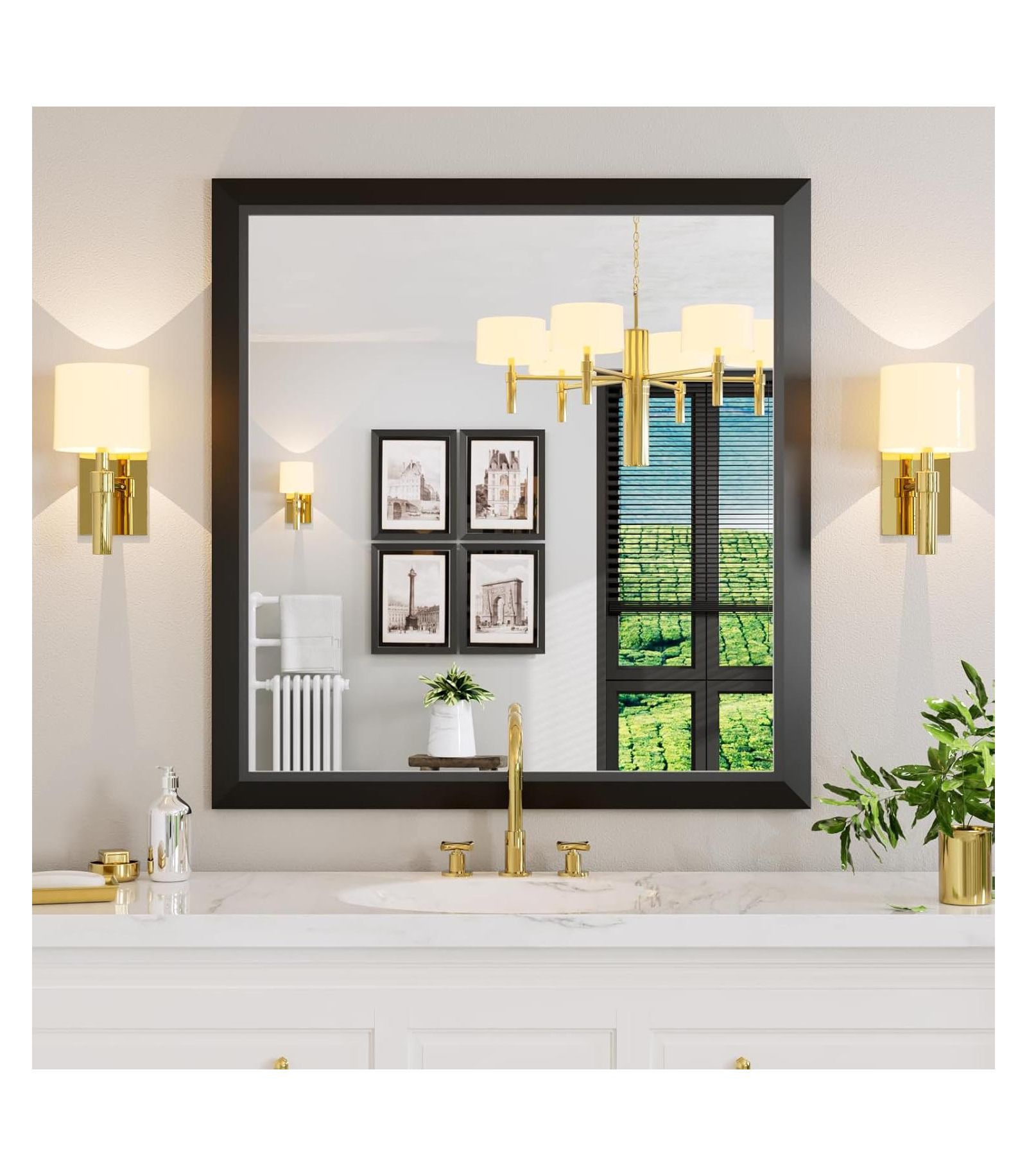 Amorho 40x38 Bathroom Mirror with Black Metal Frame, Rectangle Wall Mirror for Sink or Room, Horizontal/Vertical Mount