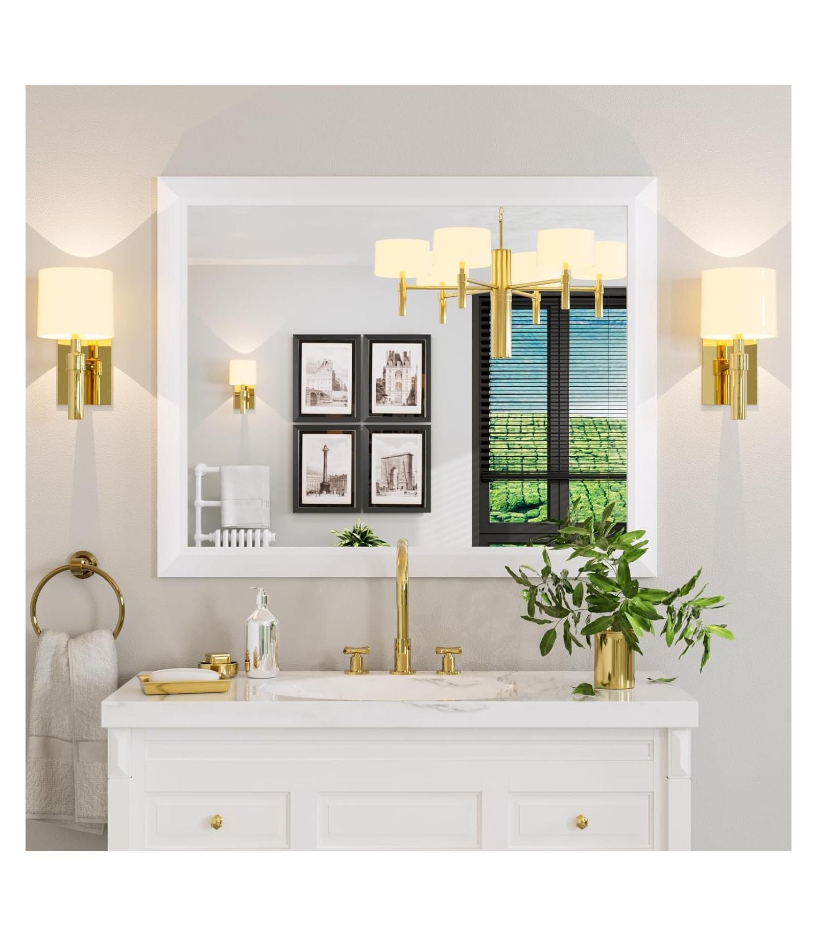 Amorho 40x32 Bathroom Mirror with White Metal Frame, Rectangle Wall Mirror for Sink or Room, Horizontal/Vertical Mount