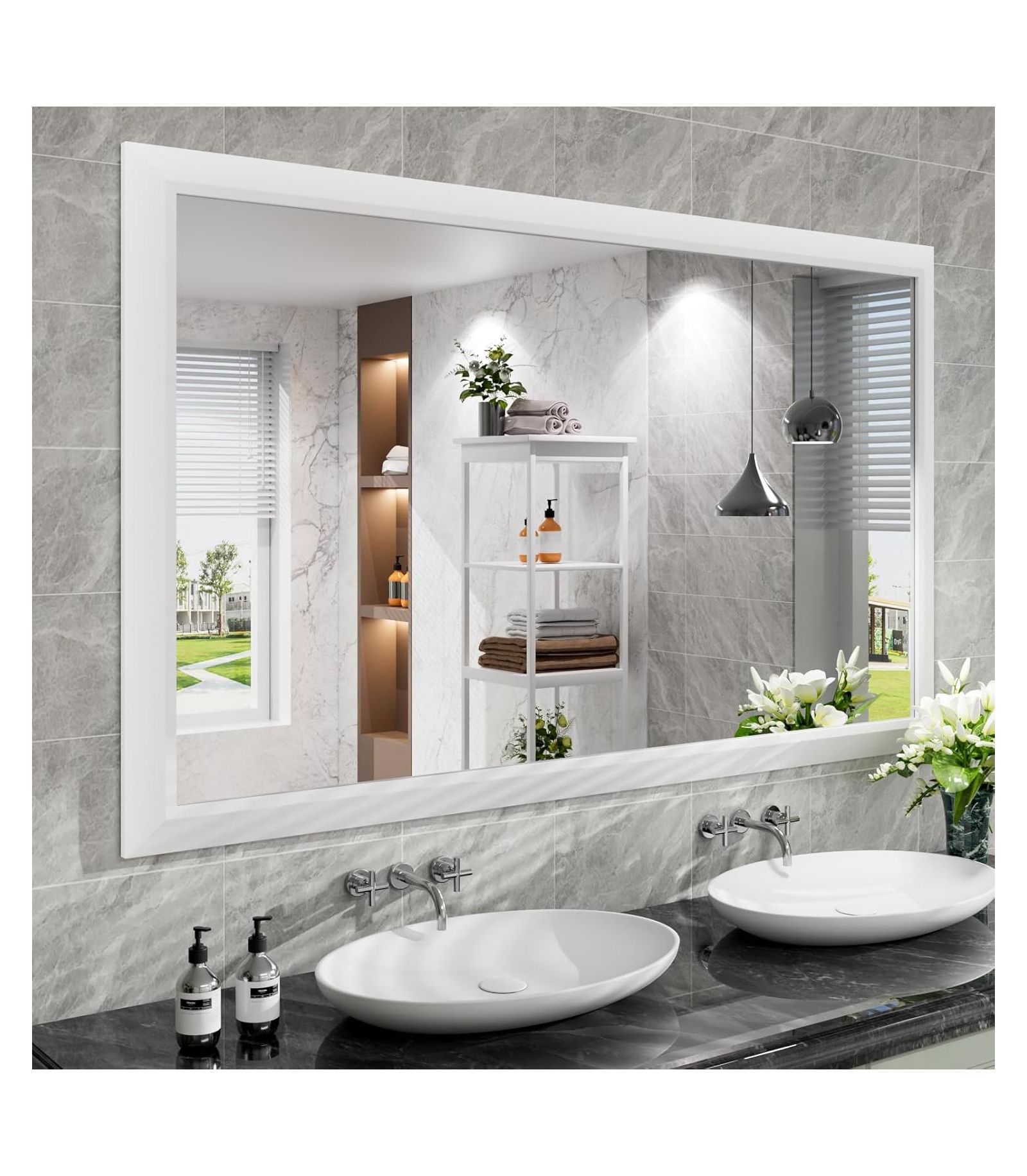 Amorho Bathroom Mirror, 60" x 36" Inch Thick Metal Framed Wall Mirrors for Over Sink, Bedroom, Living Room, Entryway, Rectangle Wall-Mounted Mirrors in White(Horizontal/Vertical)