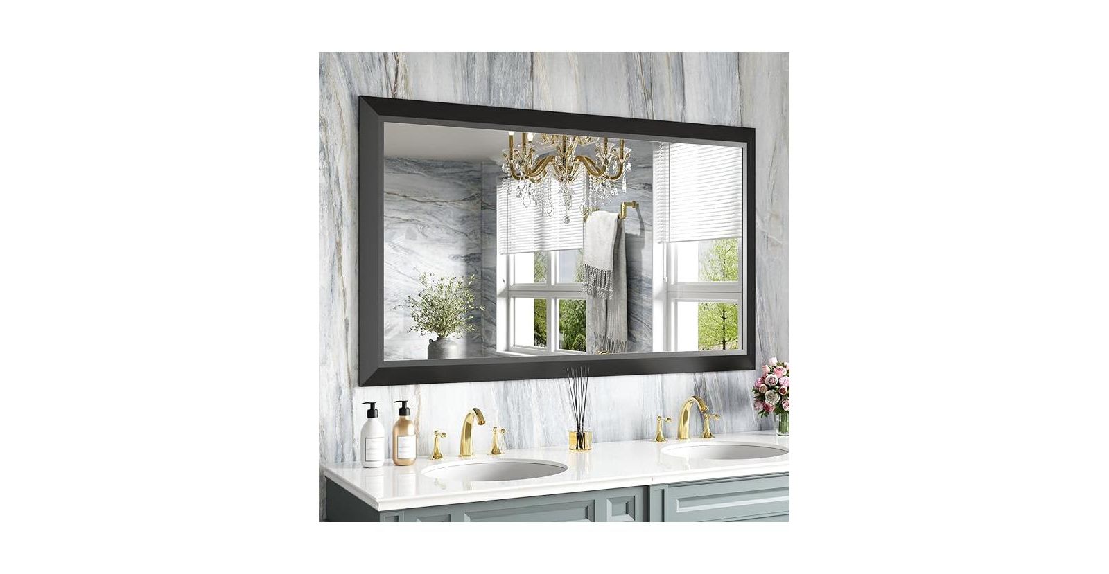 Amorho Bathroom Mirror, 50" x 30" Inch Thick Metal Framed Wall Mirrors for Over Sink, Bedroom, Living Room, Entryway, Rectangle Wall-Mounted Mirrors in Black(Horizontal/Vertical)